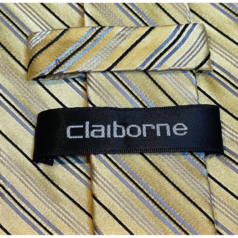 Claiborne Men's Silk Tie Gold Silver Black Striped Formal Business Necktie Silk